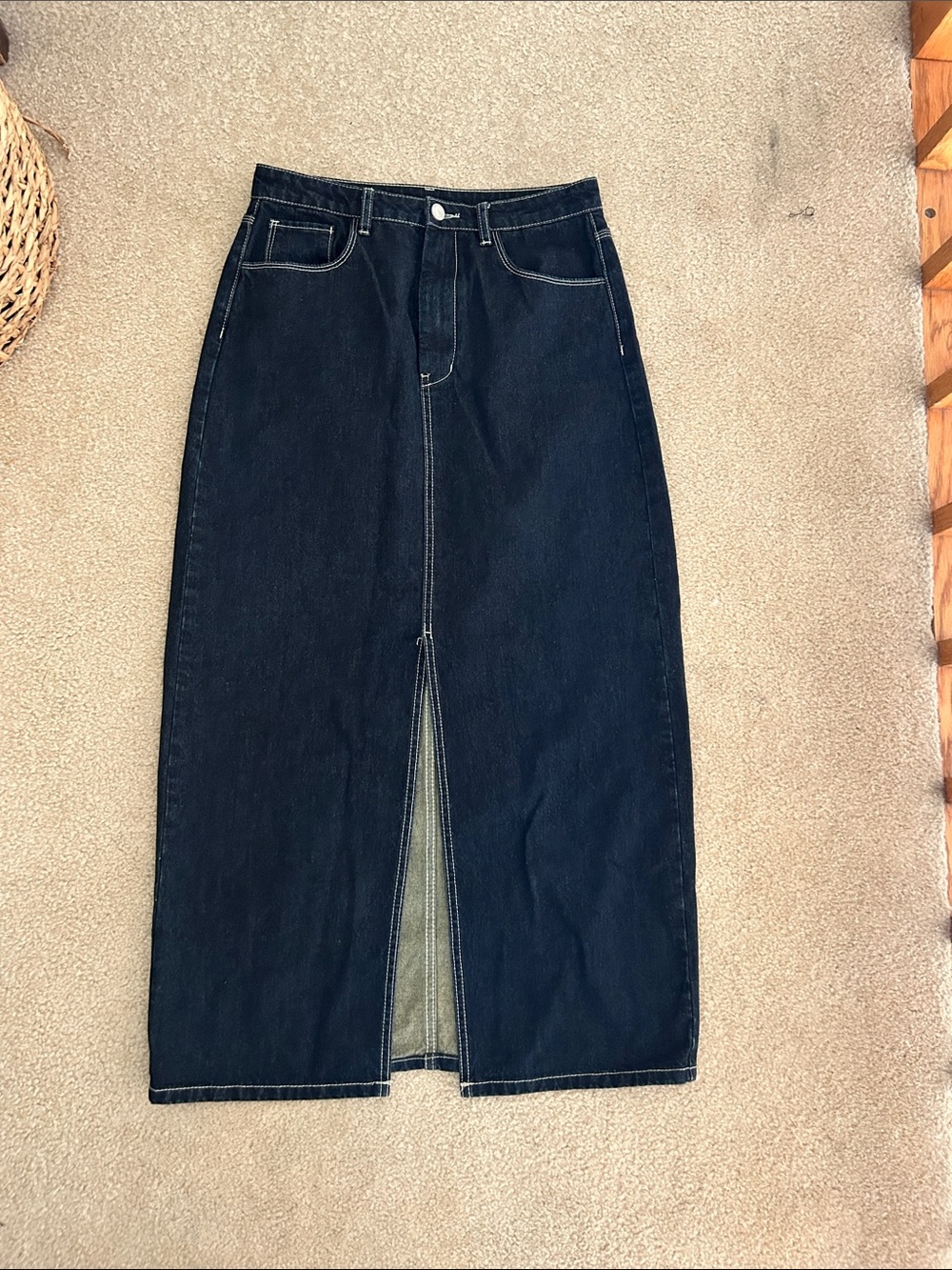 Dark Indigo High-Waist Denim Midi Skirt with Front Slit